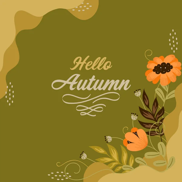 Hello Autumn Lettering Flowers Leaves Green Background — Stock Vector