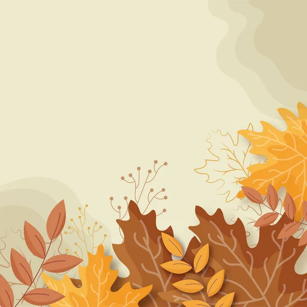 Autumn Leaves Berry Stem Beige Background Copy Space — Stock Vector
