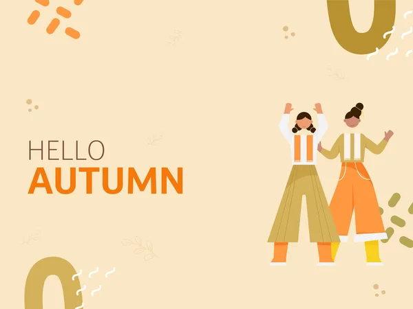 Hello Autumn Font Faceless Teenager Girls Standing Together Peach Tło — Wektor stockowy