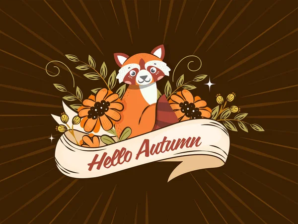 Hello Autumn Text Ribbon Cartoon Raccoon Flowers Leaves Brown Rays — Stock Vector
