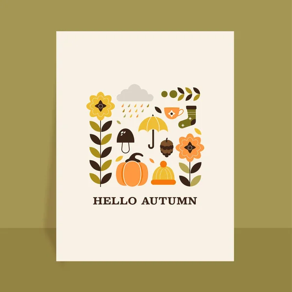 Hallo Herbst Grußkarte Mit Elementen Der Saison Auf Weißem Hintergrund — Stockvektor