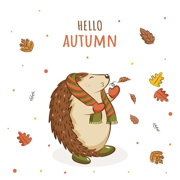 Hello Autumn Font Cartoon Hedgehog Blowing Leaves White Background — Stock Vector