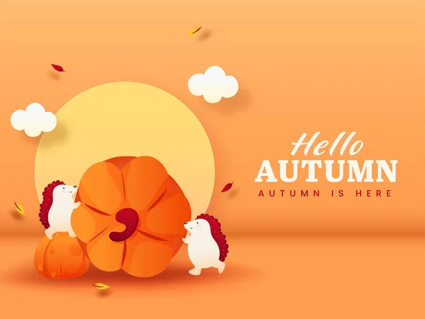 Hello Autumn Font Cartoon Hedgehog Holding Pumpkins Clouds Fall Leaves — Stock Vector