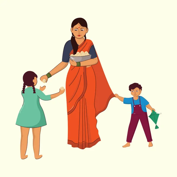 Indická Žena Dává Ladoo Sladké Pro Děti Pastelově Žlutém Pozadí — Stockový vektor
