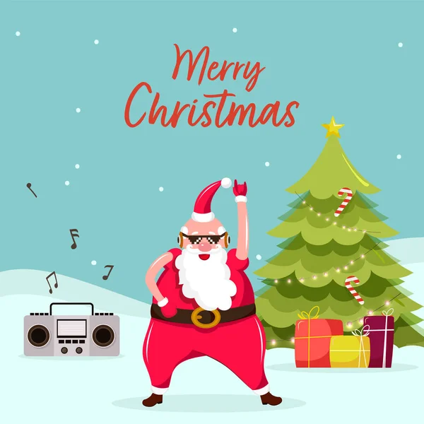 Cartoon Santa Claus Dancing Tape Recorder Decorative Xmas Tree Gift — Stock Vector