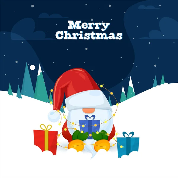 漫画ノームホールディングギフトボックス 照明ガーランド 青と白の雪の背景にクリスマスツリーとメリークリスマスお祝いのコンセプト — ストックベクタ