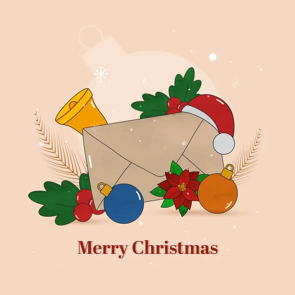 圣诞快乐海报设计与节日元素装饰的面食桃子背景 — 图库矢量图片