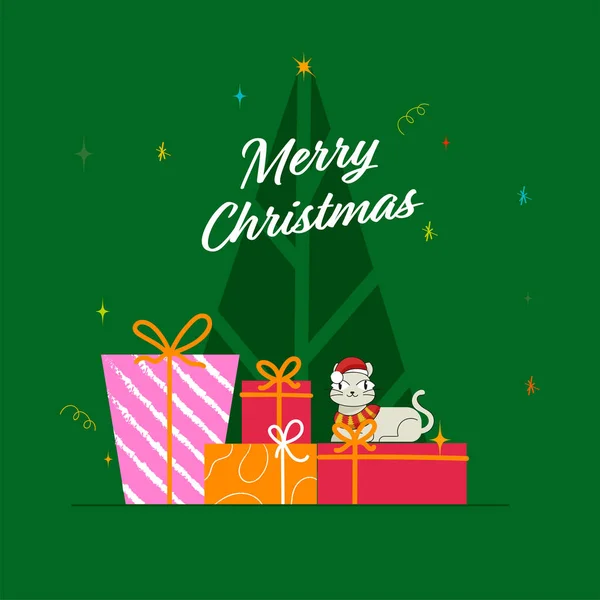 緑のクリスマスツリーの背景にギフトボックスの上にサンタの帽子を身に着けている漫画猫とメリークリスマスポスターデザイン — ストックベクタ