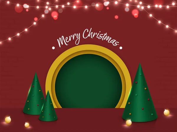 3Dレンダーコーン形状のクリスマスツリーとメリークリスマスポスターのデザイン Baubles 照明ガーランド装飾された赤の背景と空の円形フレーム — ストックベクタ