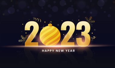 Bauble, Snowflakes, Curl Ribbon on on Dark Blue ve Black Shiny Bokeh Blur 'un Mutlu Yıllar Kavramı İçin Altın 2023 Numarası.