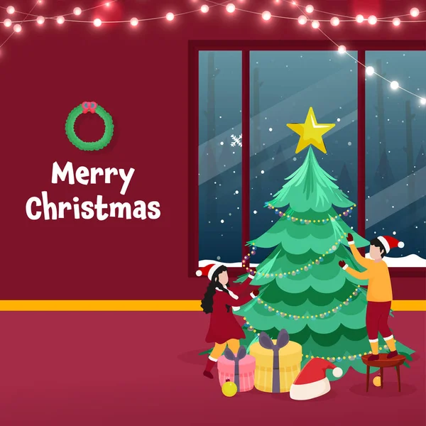 顔のない子供たちとメリークリスマスお祝いのインテリアビューガーランド ギフトボックス サンタ帽子を照明することでクリスマスツリーを飾りました — ストックベクタ