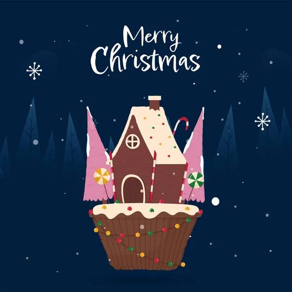 Chimney House Tree Candies そしてBlue Snowfallを背景にした照明ガーランドによって装飾されたクリスマスカップケーキ メリークリスマスグリーティングカード — ストックベクタ