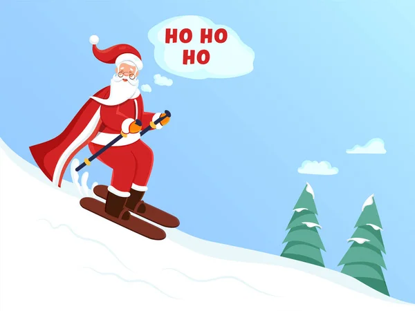 Illustration Von Cartoon Santa Claus Skifahren Und Sagen Vor Schneeblauem — Stockvektor