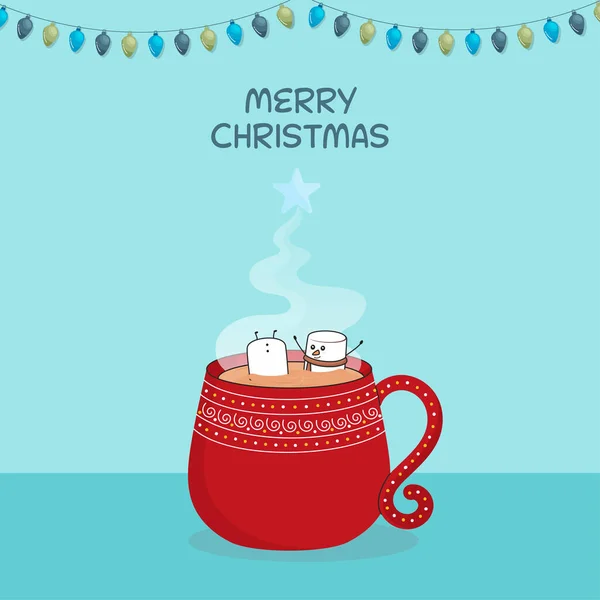 Merry Christmas Greeting Card Funny Marshmallow Hot Drink Cup Lighting — 스톡 벡터