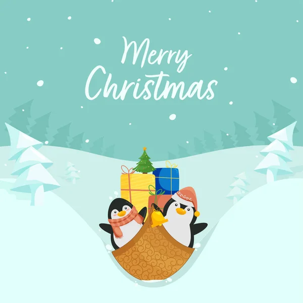 漫画ペンギンとメリークリスマスお祝いポスターデザインパステルシアンクリスマスツリーと雪の背景にそり ギフトボックスをお楽しみください — ストックベクタ