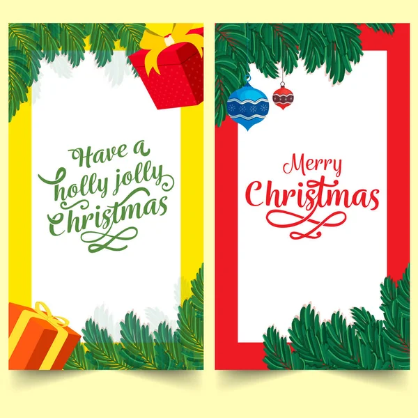 Щасливі Різдвяні Вітальні Листівки Прикрашені Ялиновим Листям Подарункові Коробки Шнурки — стоковий вектор