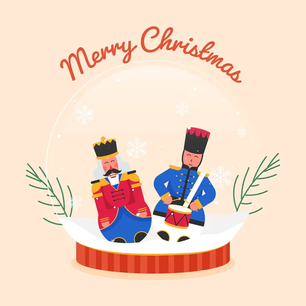 Merry Christmas Celebration Greeting Card Nutcracker Characters Snow Globe Fir — Stock Vector