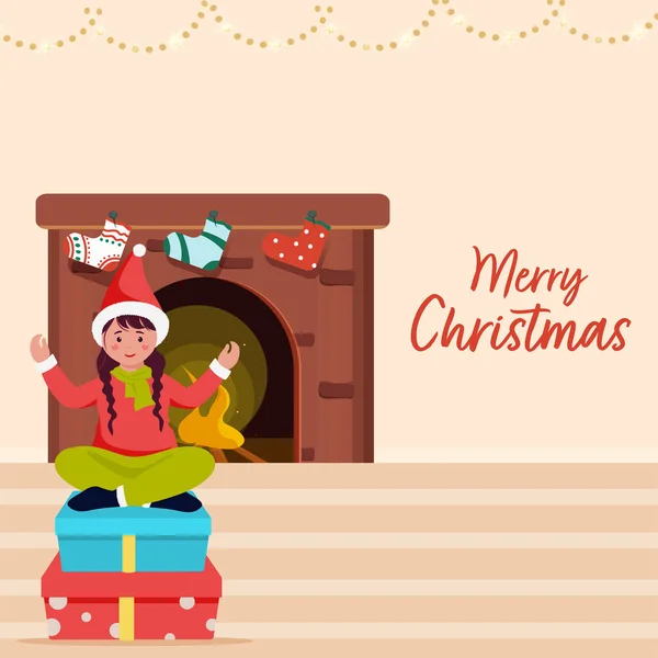 可爱的小女孩坐在礼品盒上 用拱形萤火虫与糊状桃子背景对比的图解 圣诞快乐概念 — 图库矢量图片