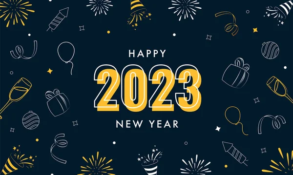 2023年新年快乐与涂鸦风格党或除夕图标装饰蓝色背景 — 图库矢量图片