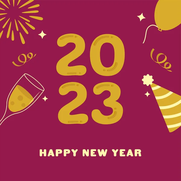 2023ピンクの背景にフラットパーティー帽子 バルーン シャンパングラスと花火と幸せな新年のフォント — ストックベクタ