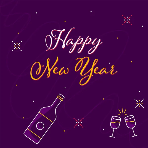 Щасливий Новорічний Шрифт Пляшкою Шампанського Doodle Тостовими Окулярами Фіолетовому Тлі — стоковий вектор