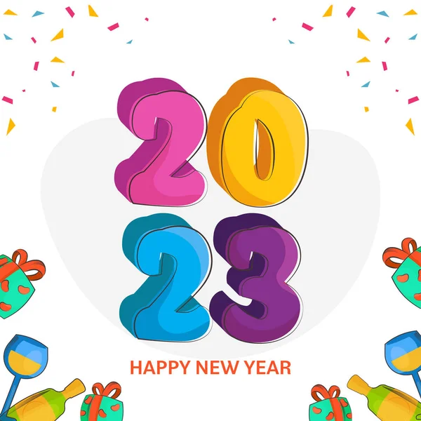 ギフトボックス シャンパンボトル ドリンクグラス コンフェッティが付いたカラフルな3D 2023番号は 幸せな新年のコンセプトのために白い背景に飾られています — ストックベクタ