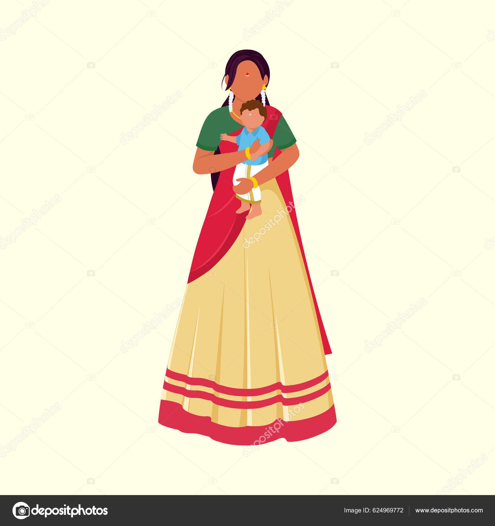 Faceless South Indian Woman Lapping Her Son Standing Pose Pastel