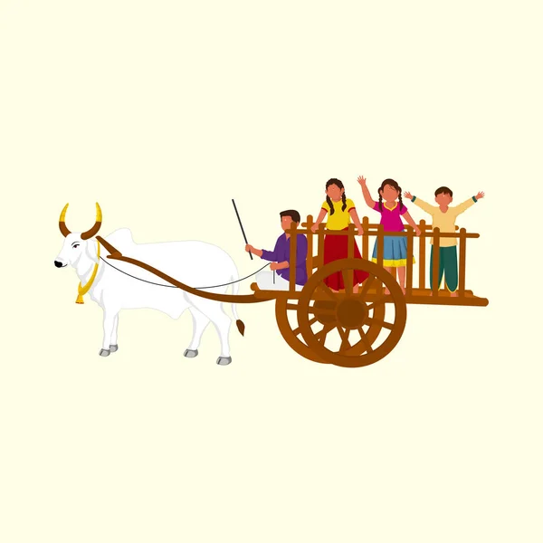 パステルイエローの背景で楽しむ南インド人男性乗馬ブロックカートと子供 — ストックベクタ