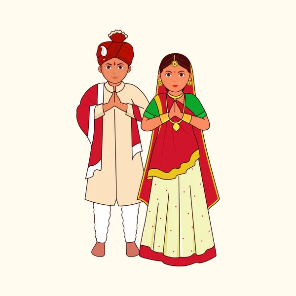 Gujarati Svatební Pár Pozdrav Namaste Pozadí Kosmické Latte — Stockový vektor
