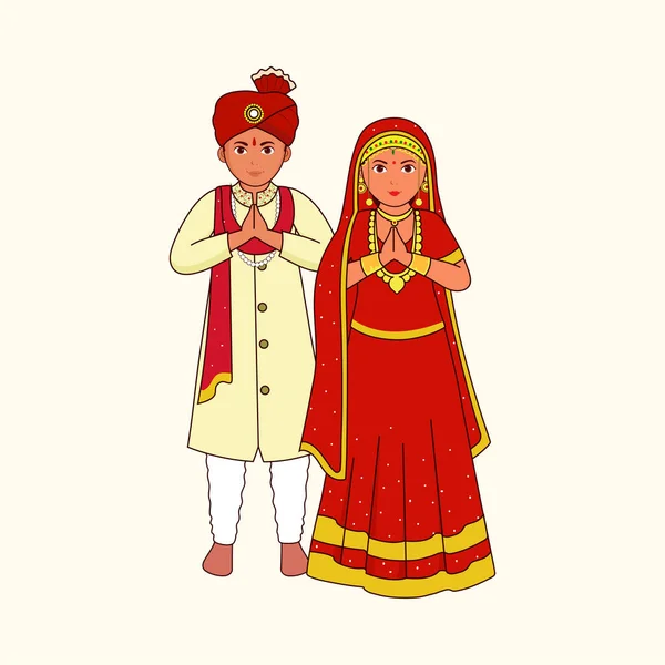 Couple Mariage Cachemire Saluant Namaste Robe Traditionnelle Sur Fond Latte — Image vectorielle