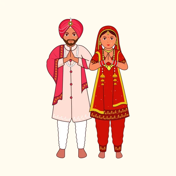 Couple Mariage Sikh Saluant Namaste Robe Traditionnelle Sur Fond Latte — Image vectorielle