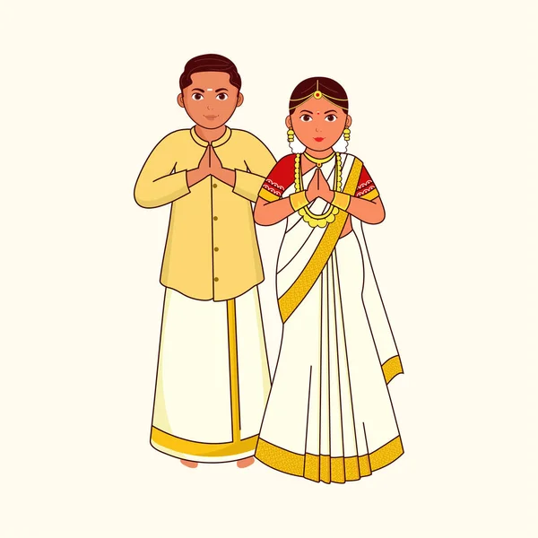 Kerala Bruiloft Paar Groet Namaste Staande Pose Kosmische Latte Achtergrond — Stockvector