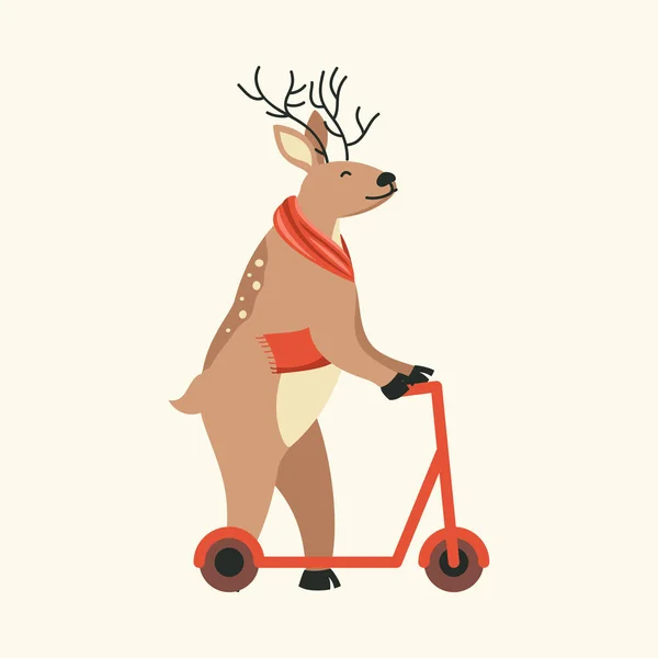 Cute Reindeer Wearing Scarf Holding Cycle Board Cosmic Latte Background — Stock Vector