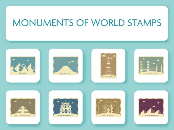 World Country Monument Stempel Oder Ticketsammlung Auf Türkisfarbenem Hintergrund — Stockvektor