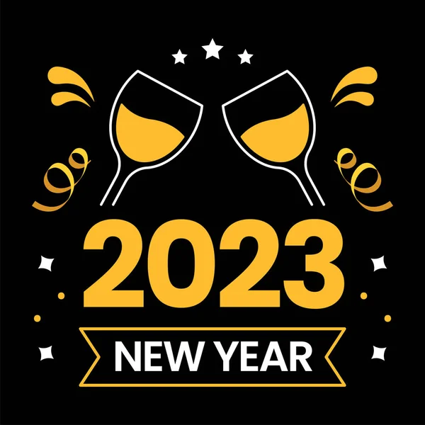 Żółty Czarny 2023 New Year Party Card Lub Plakat Kieliszkiem — Wektor stockowy