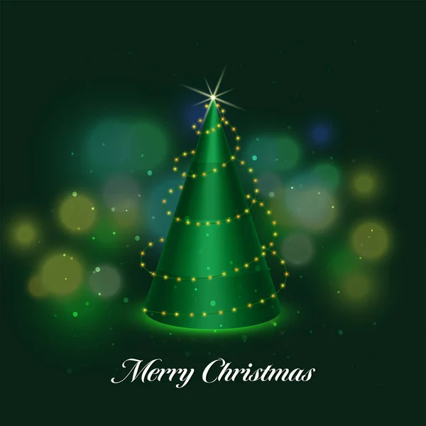 緑のボケに照明のガーランドで装飾されたコーン形状のクリスマスツリーの3Dレンダリングメリークリスマスのコンセプトのための背景 — ストックベクタ