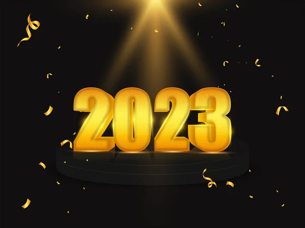 3D金色2023数字高过Podium或舞台与Confetti丝带和聚焦光对黑色背景的影响 — 图库矢量图片