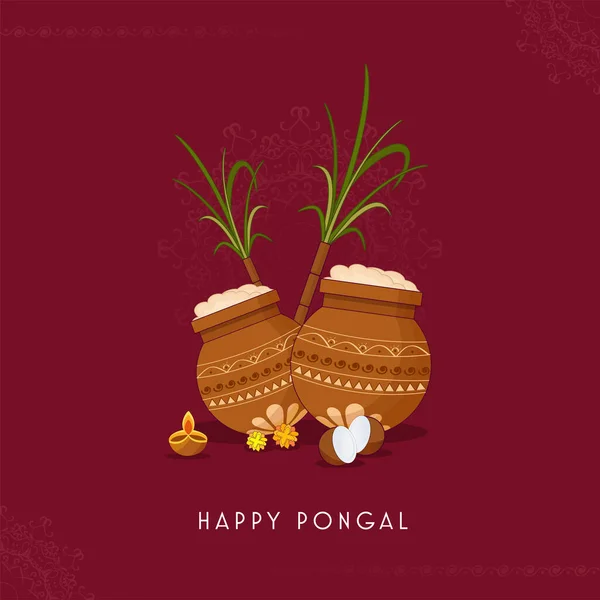 Happy Pongal Celebration Poster Design Festival Elements Red Rangoli Kolam — Stock Vector