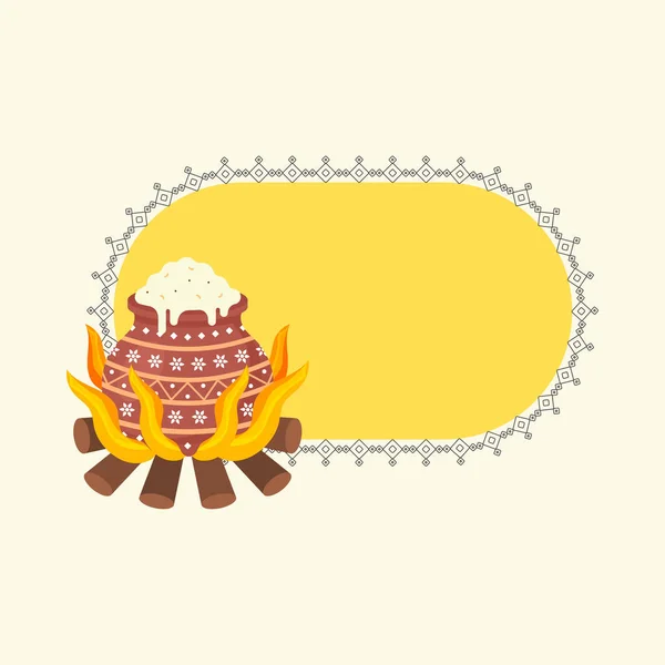 コピースペースで楕円形の黄色の背景に木を焼く上で平らなスタイルの米粘土鍋 — ストックベクタ