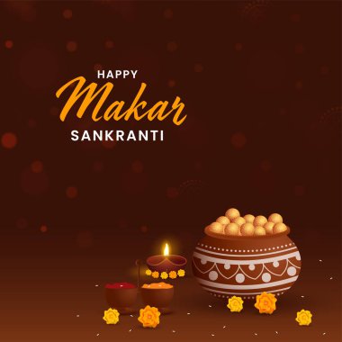 Makar Sankranti Kutlama Kavramı İçi Hint Tatlısı (Laddu), Lit Petrol Lambası (Diya), Marigold Çiçekleri, zerdeçal ve Bokeh Bulutu Üzerine Kumkum Tozu.