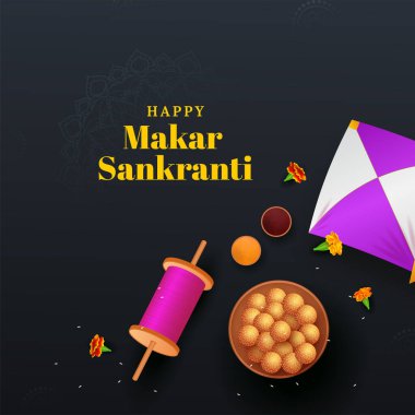 Koyu Gri Arkaplan Üzerinde Festival Elementleri Görünümlü Mutlu Makar Sankranti Yazıtipi.