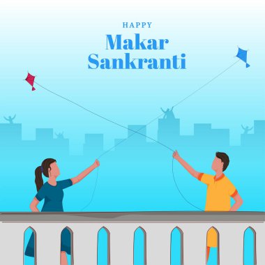 Faceless Young Boy And Girl Flying Kite At Roof Illustration On The Occasion Of Makar Sankranti Festival. clipart