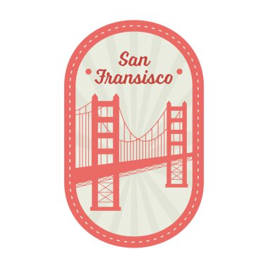 San Francisco pulu ya da etiket tasarımı için Oval arka planda ışınları olan düz altın kapı turuncu ve gri renkte..