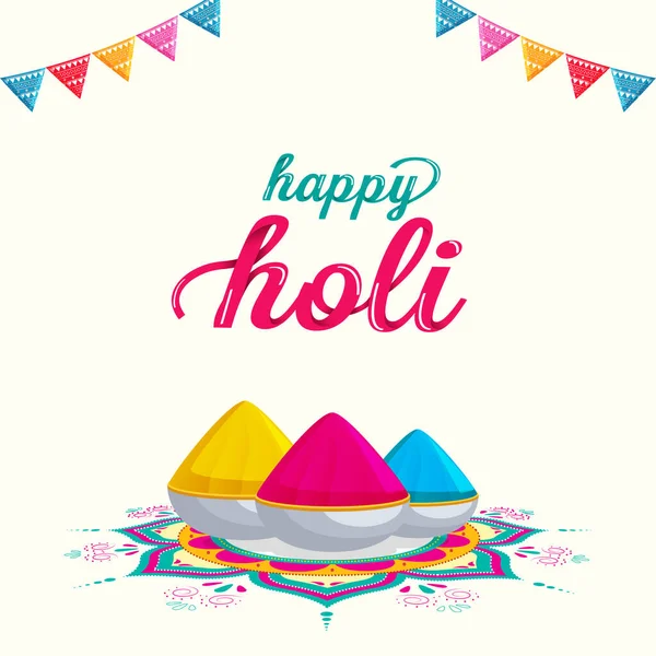 Happy Holi Celebration Greeting Card Bowls Full Dry Color Gulal — 스톡 벡터