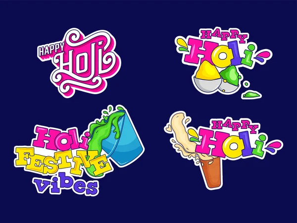 Sticker Style Kleurrijke Happy Holi Festival Lettertype Set Met Thandai — Stockvector
