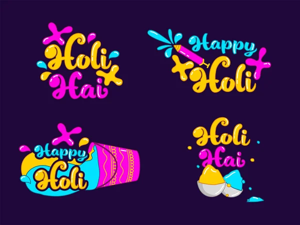 Kolorowe Holi Festival Font Set Water Gun Pichkari Color Bowls — Wektor stockowy