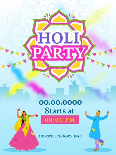 Holi Party Uitnodigingskaart Met Indiase Jonge Paar Gooien Kleurballonnen Elkaar — Stockvector