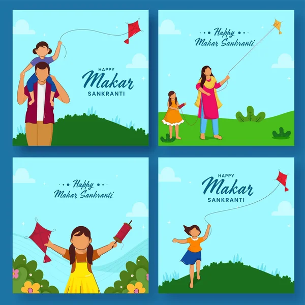 Social Media Post Template Set Faceless Indian People Flying Kites — Stock Vector