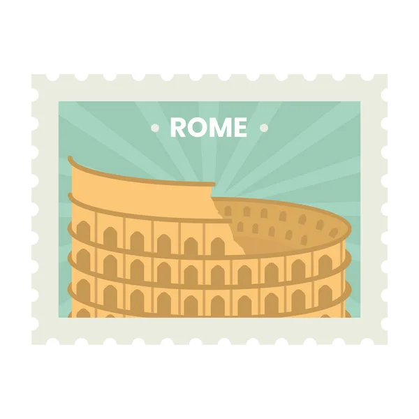 Orange Colosseum Green Rays Background Rome Stamp Label Design — Stock Vector
