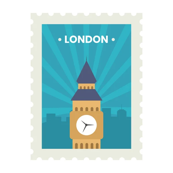 有城市景观建筑背景的伦敦罚单或邮票设计的平坦大本钟与蓝道 — 图库矢量图片